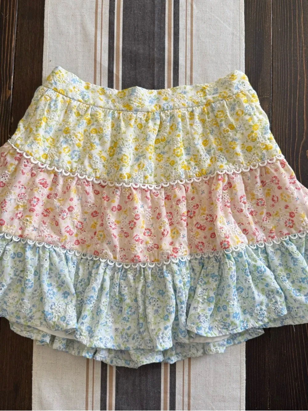 Altar'd State Pastel Yellow, Pink & Blue Tiered Ruffle Mini Skirt - Picture 2 of 4